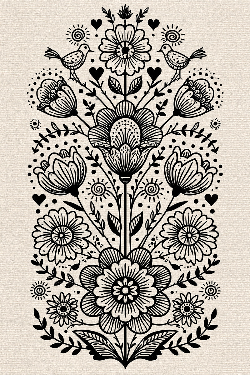 Village Garden Folk Panel Global from Global Folk Art Embroidery Book 1, a digital embroidery design reference for machine embroidery designs, embroidery patterns and botanical and floral embroidery.