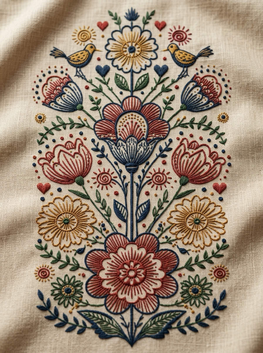 Village Garden Folk Panel Global from Global Folk Art Embroidery Book 1, a digital embroidery design reference for machine embroidery designs, embroidery patterns and botanical and floral embroidery.