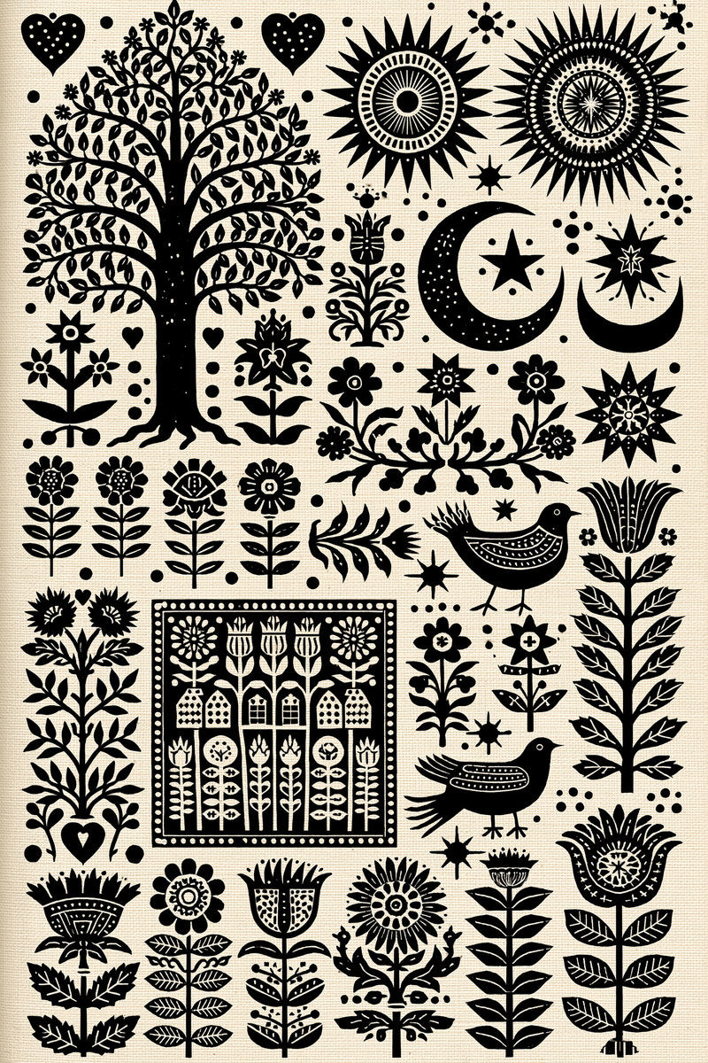 Village Garden Symbol Library Plate from Global Folk Art Embroidery Book 2, a digital embroidery design reference for machine embroidery designs, embroidery patterns and botanical and floral embroidery.