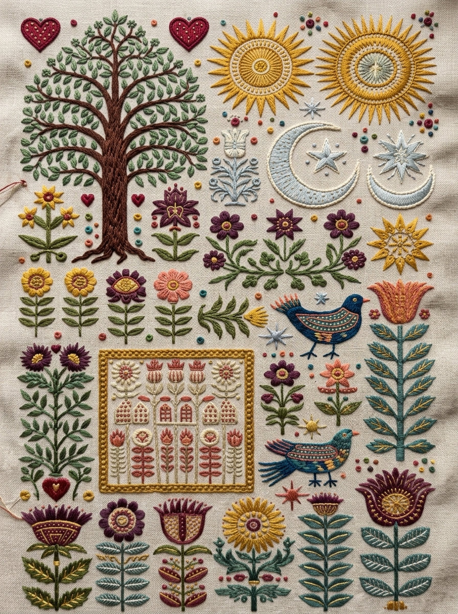 Village Garden Symbol Library Plate from Global Folk Art Embroidery Book 2, a digital embroidery design reference for machine embroidery designs, embroidery patterns and botanical and floral embroidery.