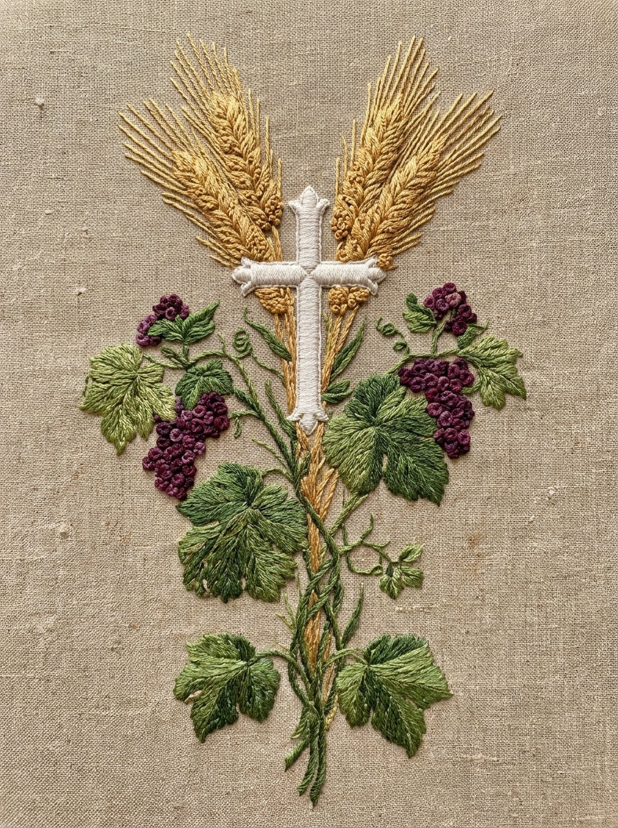 Vine Wheat And Cross Composition from Church Embroidery & Sacred Ornament Book 1, a digital embroidery design reference for machine embroidery designs, embroidery patterns and embroidery design reference.