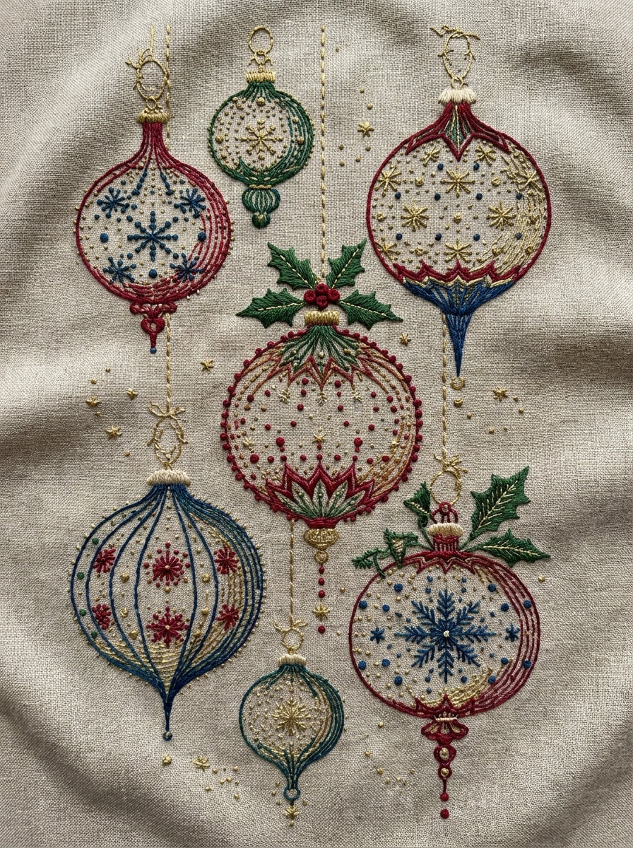Vintage Christmas Bauble Set Christmas from Christmas Embroidery Collection Book 1, a digital embroidery design reference for machine embroidery designs, embroidery patterns and seasonal embroidery motifs.