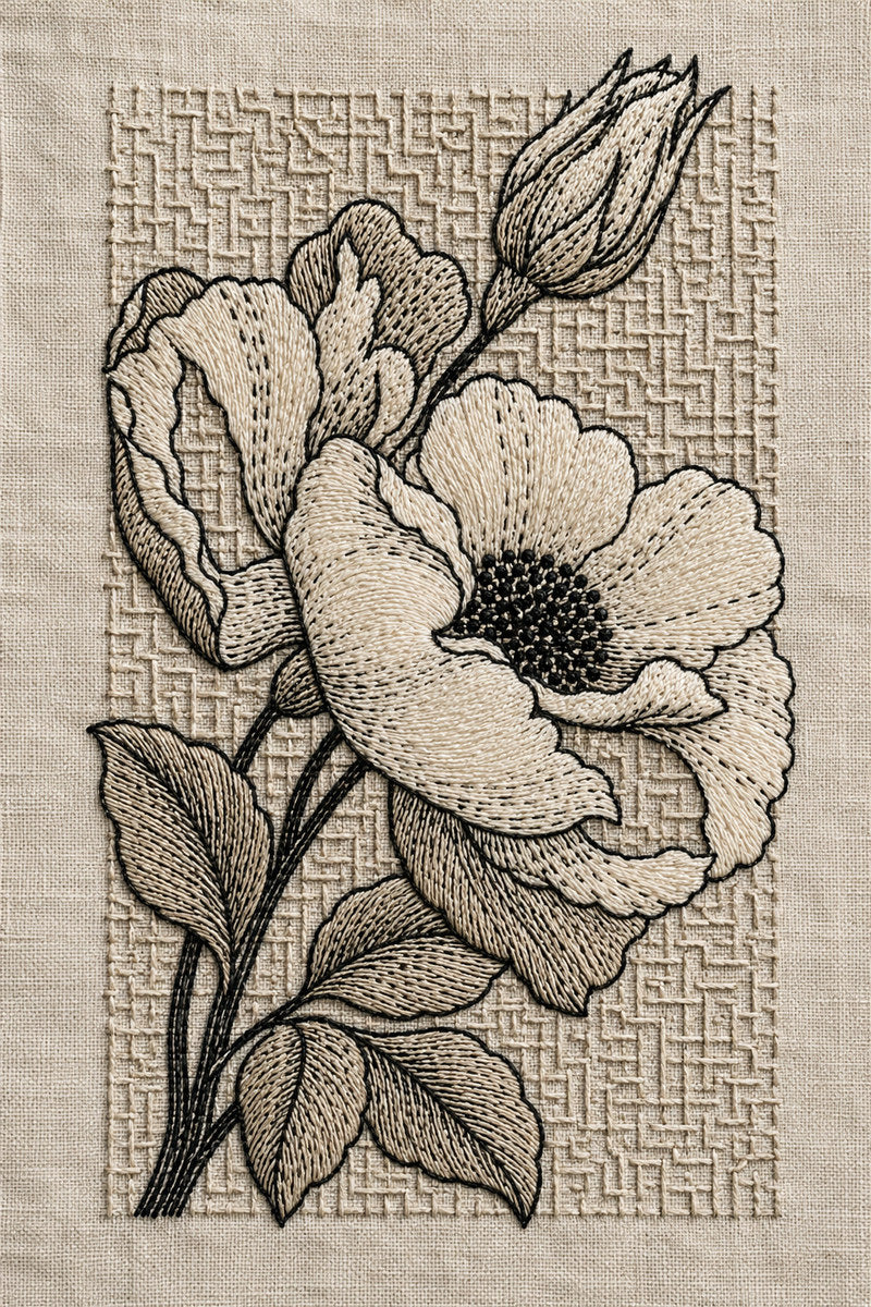 Voided Rose And Leaf Motif from Colbert Embroidery Studies Book 1, a digital embroidery design reference for machine embroidery designs, embroidery patterns and botanical and floral embroidery.
