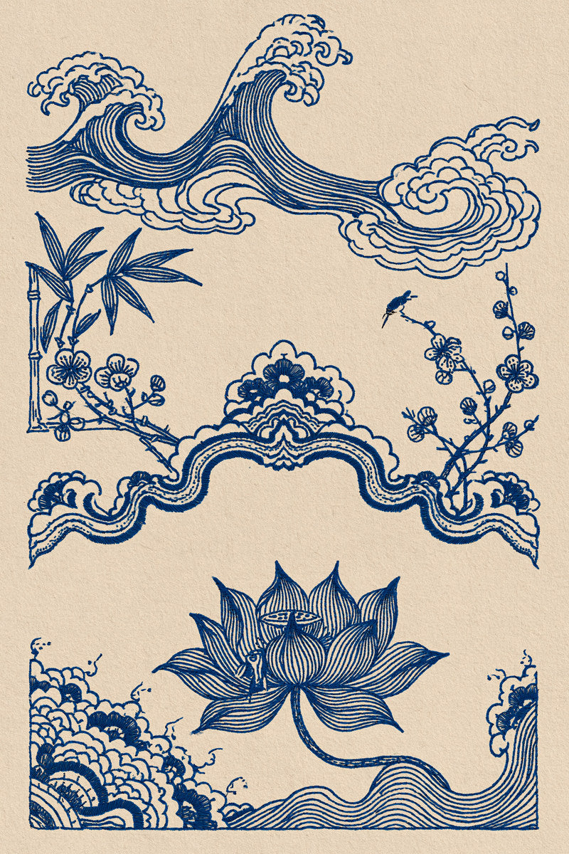 Wave Cloud And Botanical Frame from East Asian Inspired Embroidery Book 7, a digital embroidery design reference for machine embroidery designs, embroidery patterns and frames and monogram spaces.