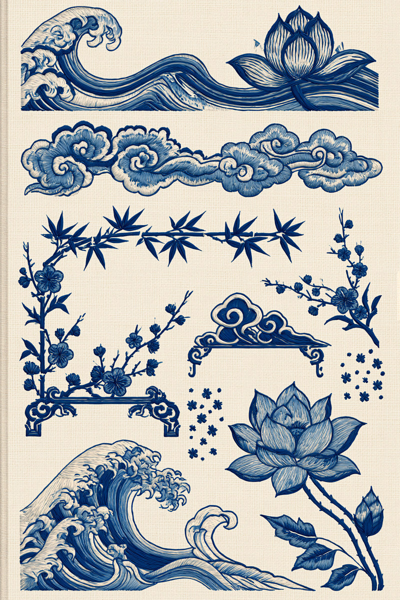 Wave Cloud And Botanical Frame from East Asian Inspired Embroidery Book 8, a digital embroidery design reference for machine embroidery designs, embroidery patterns and frames and monogram spaces.