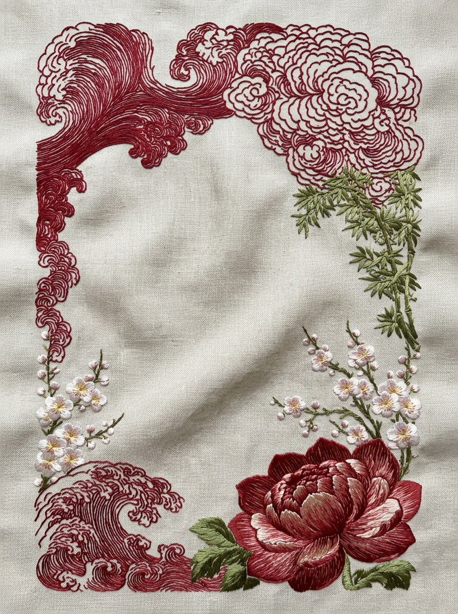 Wave Cloud And Botanical Frame from East Asian Inspired Embroidery Book 3, a digital embroidery design reference for machine embroidery designs, embroidery patterns and frames and monogram spaces.