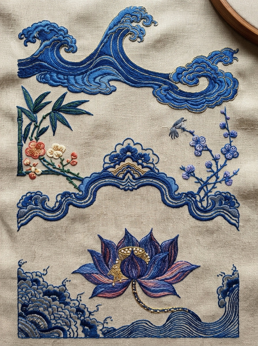 Wave Cloud And Botanical Frame from East Asian Inspired Embroidery Book 7, a digital embroidery design reference for machine embroidery designs, embroidery patterns and frames and monogram spaces.