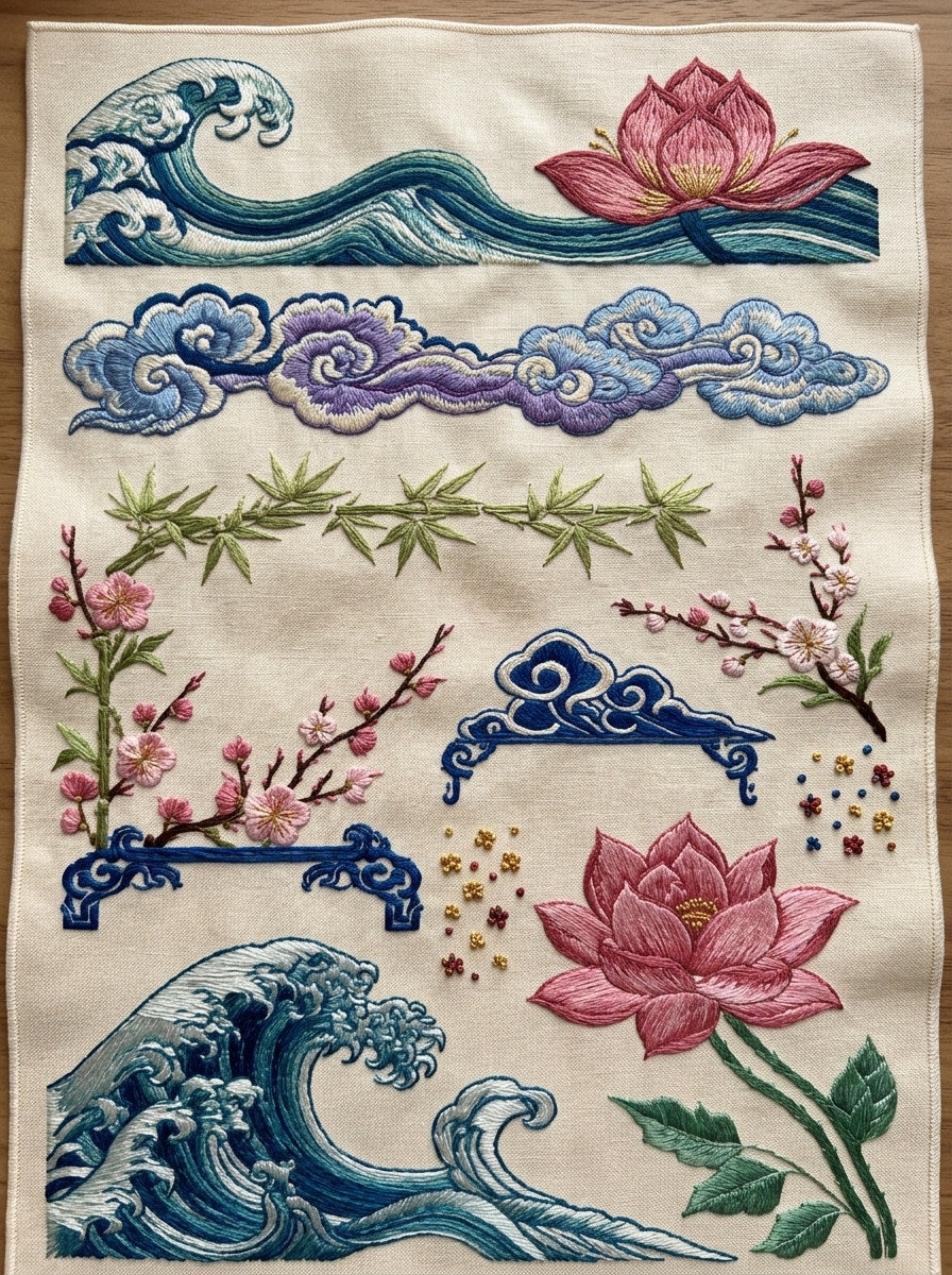 Wave Cloud And Botanical Frame from East Asian Inspired Embroidery Book 8, a digital embroidery design reference for machine embroidery designs, embroidery patterns and frames and monogram spaces.