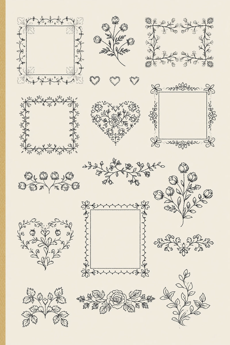 Original wedding linen placement sampler design plate from Wedding Motifs & Bridal Embroidery Edition 3, a digital PDF embroidery design book.