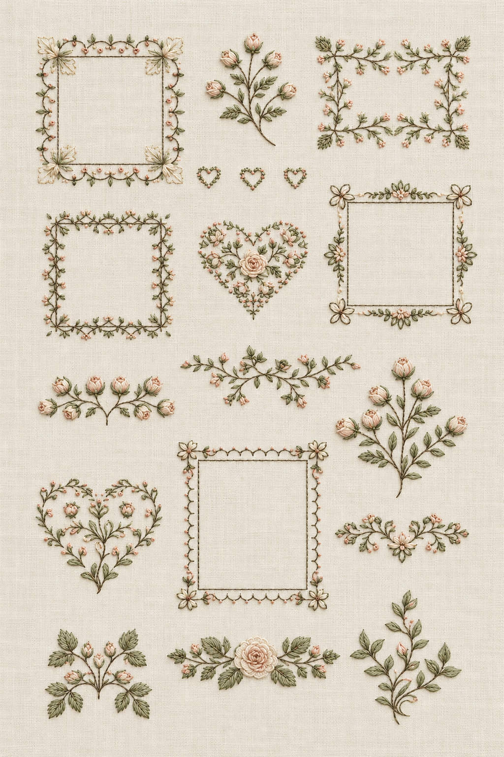 Five open floral linen frames with rose sprigs, heart motifs and leaf branches stitched in fine taupe, ivory and blush cotton on ivory linen. Textile visualization from Wedding Motifs & Bridal Embroidery Edition 3, a digital PDF design book.