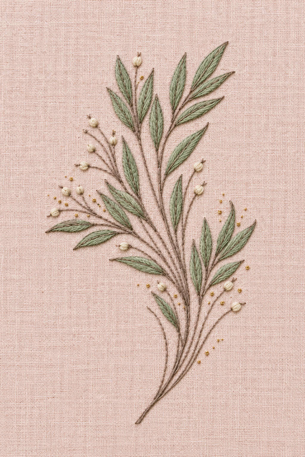 A slender sage-green bridal leaf sprig with tiny ivory buds and fine gold knot dots embroidered on pale rose linen. Textile visualization from Wedding Motifs & Bridal Embroidery Edition 3, a digital PDF design book.