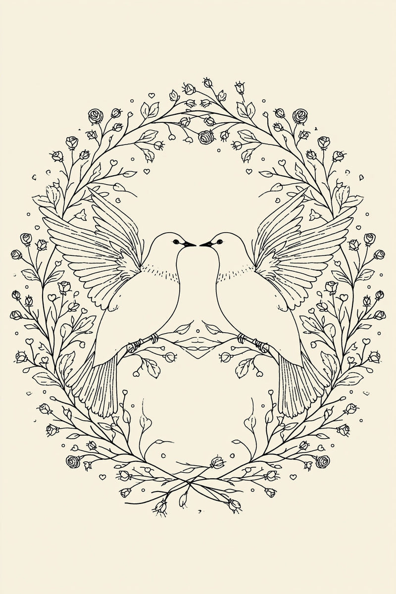 Original dove pair bridal oval wreath design plate from Wedding Motifs & Bridal Embroidery Edition 3, a digital PDF embroidery design book.