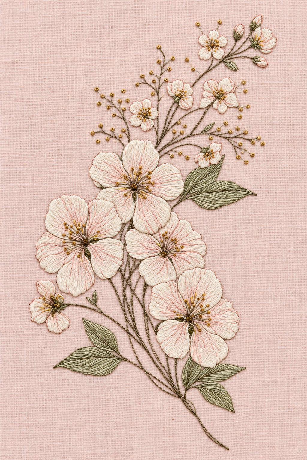 An ascending ivory and blush bridal flower branch with sage leaves, tiny buds and fine gold dot sprays embroidered on pale rose linen. Textile visualization from Wedding Motifs & Bridal Embroidery Edition 3, a digital PDF design book.