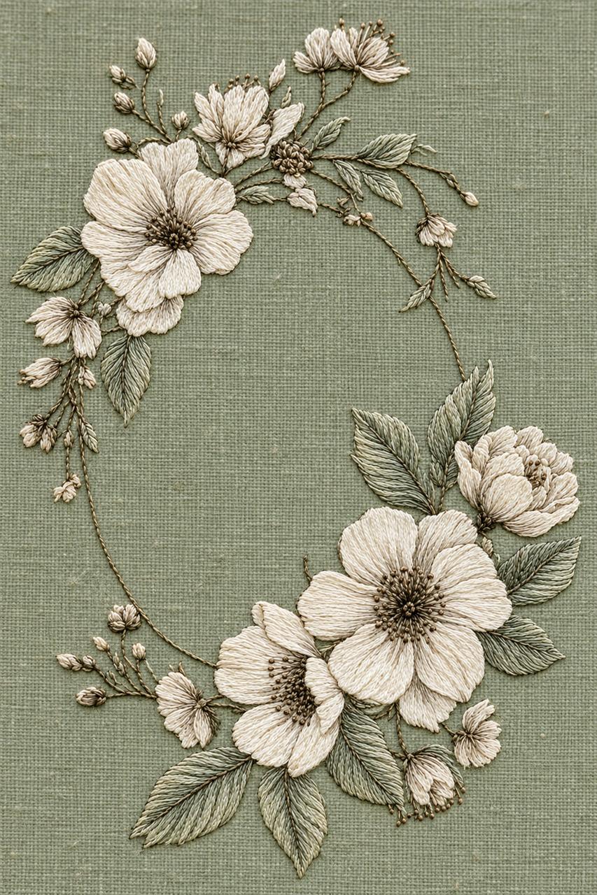 Digital embroidery visualization of an asymmetric ivory whitework floral frame on sage linen.
