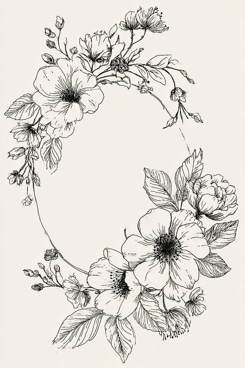 Original book drawing of an asymmetrical wedding floral frame.