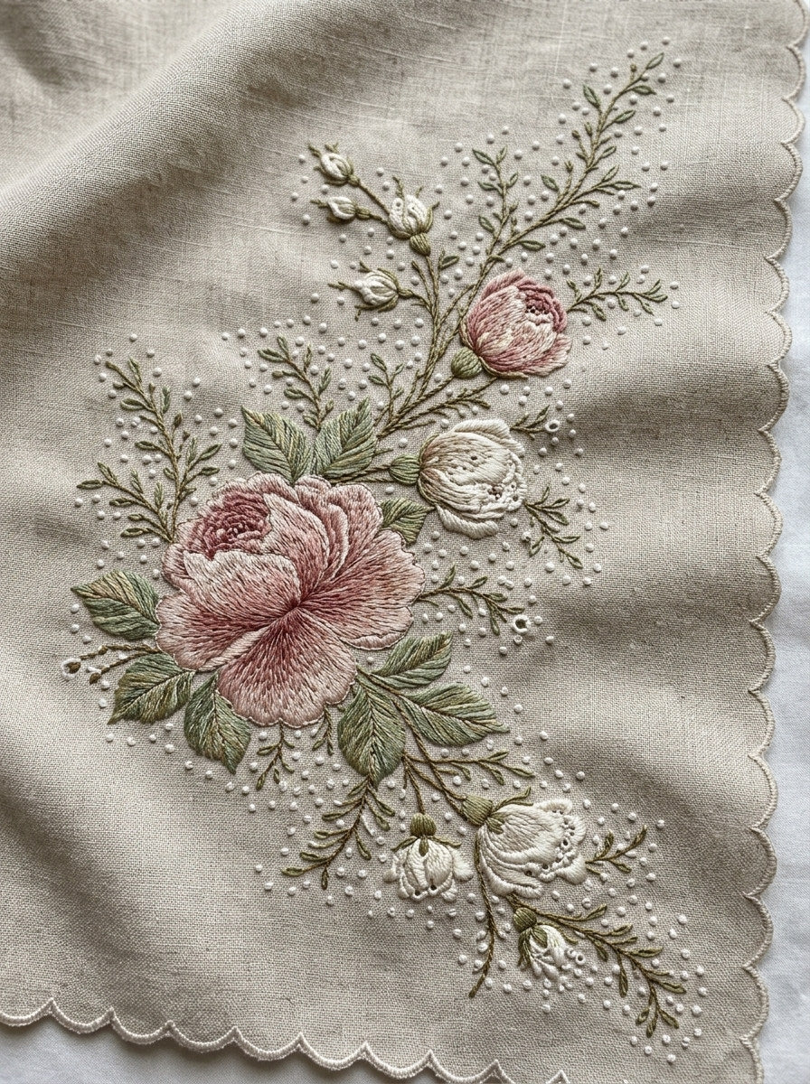 Wedding Handkerchief Floral Corner French from French Embroidery & La Broderie Blanche Book 7, a digital embroidery design reference for machine embroidery designs, embroidery patterns and corner embroidery.