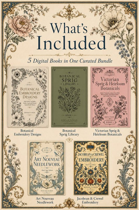 Digital PDF embroidery design bundle cover preview for Botanical Garden Archive Bundle 1, featuring curated embroidery patterns, motif library references and textile design… - preview 2