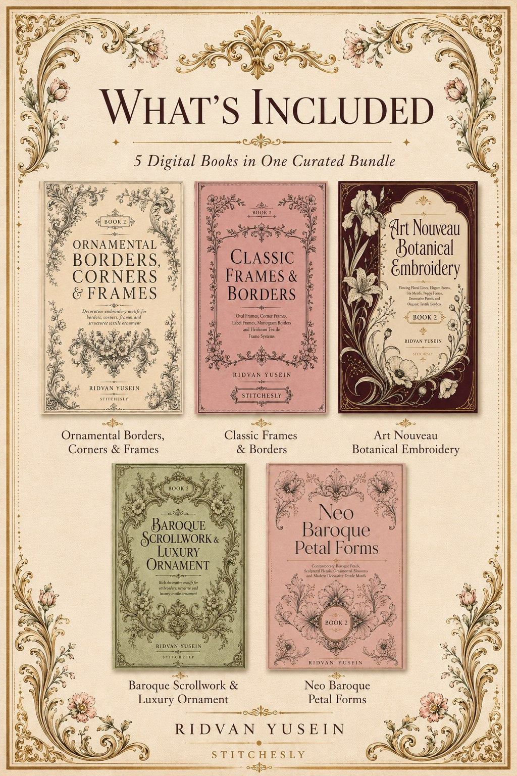 Digital PDF embroidery design bundle cover preview for Ornamental Borders & Baroque Frames Bundle 2, featuring curated embroidery patterns, motif library references and textile… - preview 2