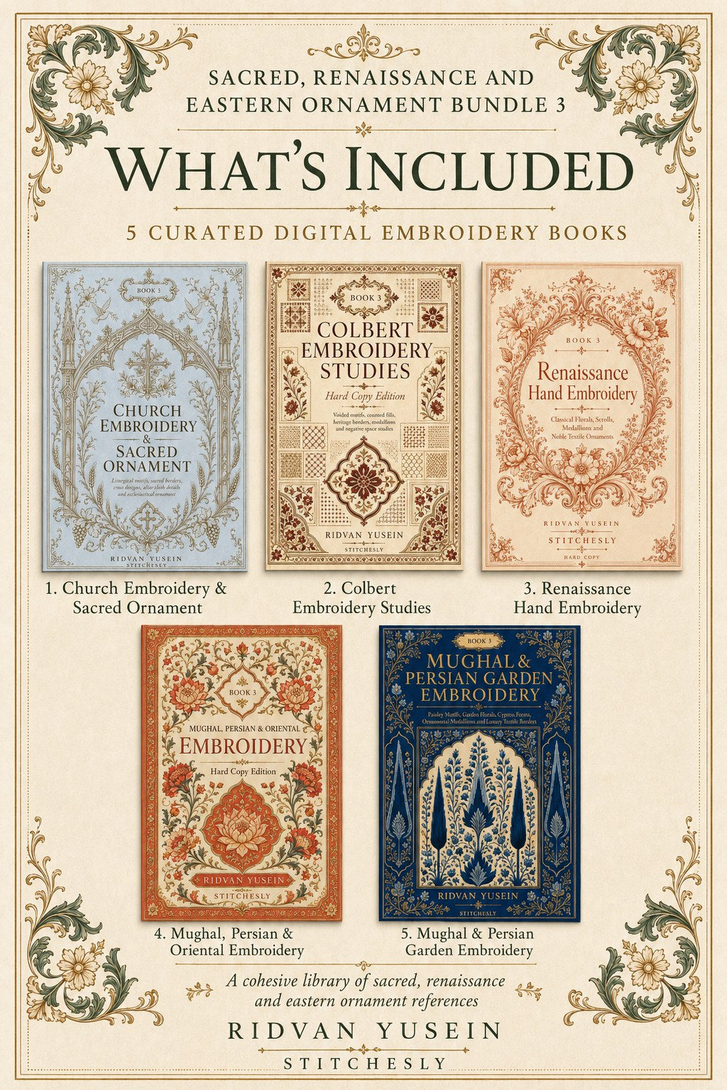 Digital PDF embroidery design bundle cover preview for Sacred, Renaissance & Eastern Ornament Bundle 3, featuring curated embroidery patterns, motif library references and… - preview 2
