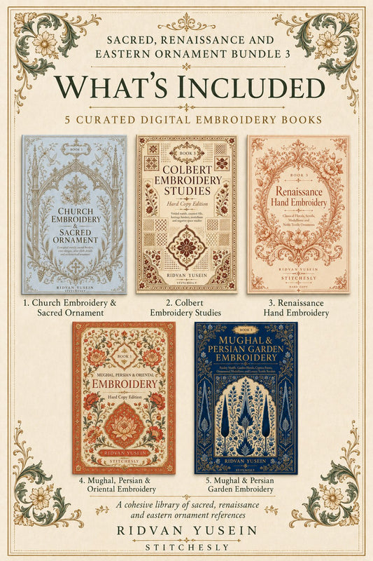 Digital PDF embroidery design bundle cover preview for Sacred, Renaissance & Eastern Ornament Bundle 3, featuring curated embroidery patterns, motif library references and… - preview 2