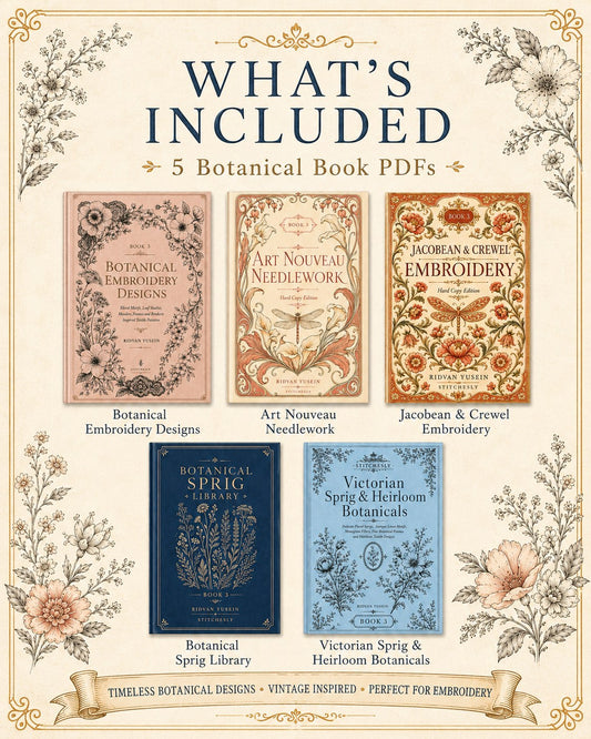 Digital PDF embroidery design bundle cover preview for Botanical Garden Archive Bundle 3, featuring curated embroidery patterns, motif library references and textile design… - preview 2