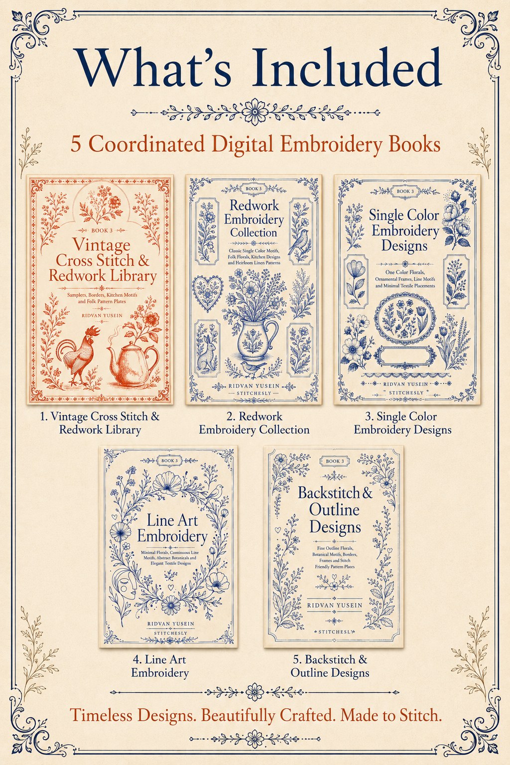 Digital PDF embroidery design bundle cover preview for Monochrome Stitch Language Bundle 3, featuring curated embroidery patterns, motif library references and textile design… - preview 2