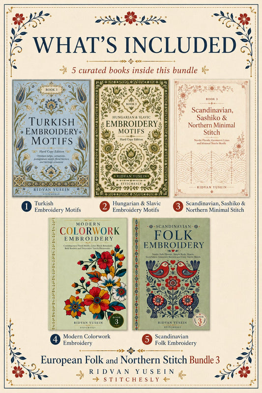 Digital PDF embroidery design bundle cover preview for European Folk & Northern Stitch Bundle 3, featuring curated embroidery patterns, motif library references and textile… - preview 2