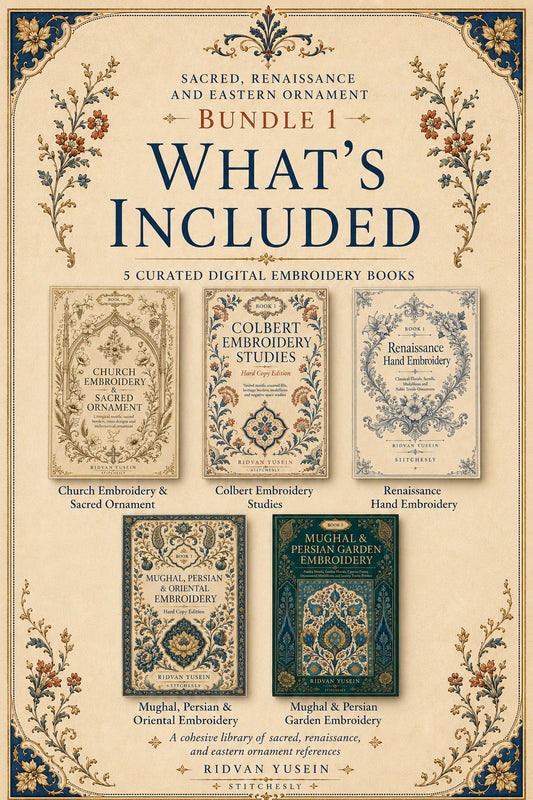 Digital PDF embroidery design bundle cover preview for Sacred, Renaissance & Eastern Ornament Bundle 1, featuring curated embroidery patterns, motif library references and… - preview 2