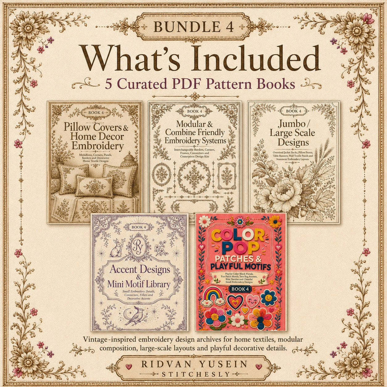 Digital PDF embroidery design bundle cover preview for Home Decor, Scale & Modular Systems Bundle 4, featuring curated embroidery patterns, motif library references and textile… - preview 2