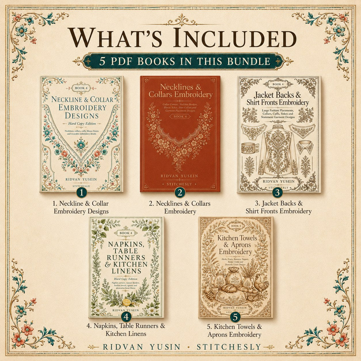 Digital PDF embroidery design bundle cover preview for Garment & Linen Placement Bundle 4, featuring curated embroidery patterns, motif library references and textile design… - preview 2