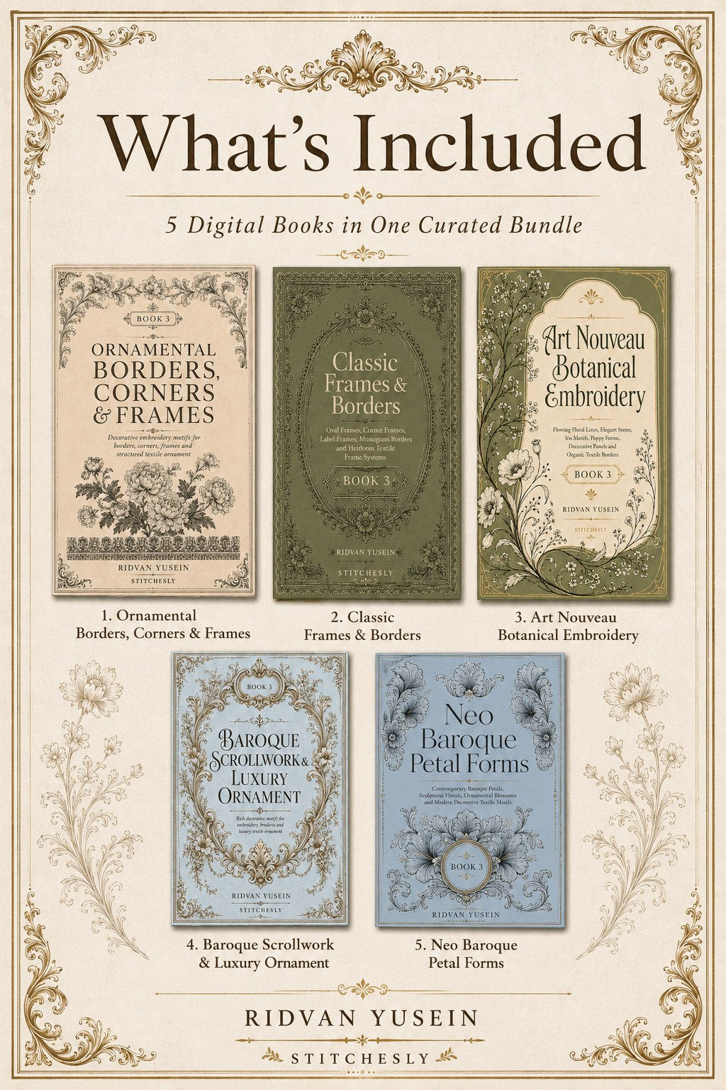 Digital PDF embroidery design bundle cover preview for Ornamental Borders & Baroque Frames Bundle 3, featuring curated embroidery patterns, motif library references and textile… - preview 2