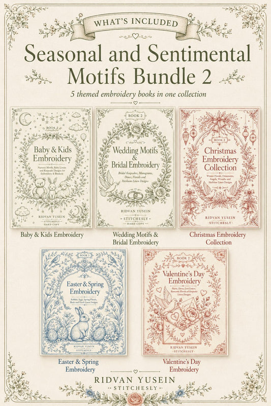 Digital PDF embroidery design bundle cover preview for Seasonal & Sentimental Motifs Bundle 2, featuring curated embroidery patterns, motif library references and textile design… - preview 2