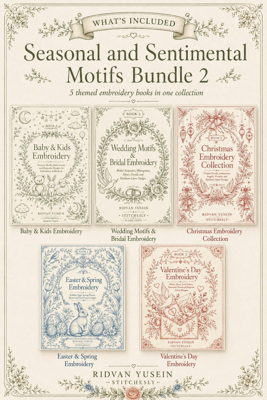 Digital PDF embroidery design bundle cover preview for Seasonal & Sentimental Motifs Bundle 2, featuring curated embroidery patterns, motif library references and textile design… - preview 2