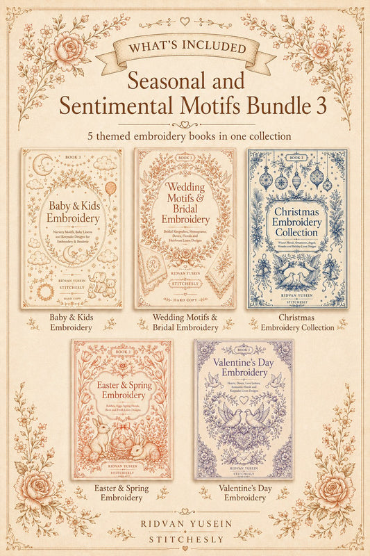 Digital PDF embroidery design bundle cover preview for Seasonal & Sentimental Motifs Bundle 3, featuring curated embroidery patterns, motif library references and textile design… - preview 2