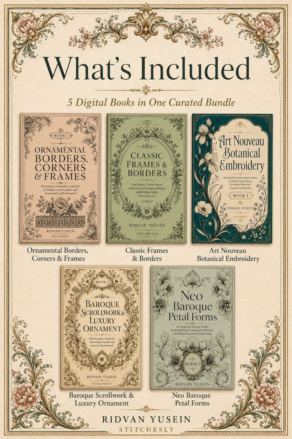 Digital PDF embroidery design bundle cover preview for Ornamental Borders & Baroque Frames Bundle 1, featuring curated embroidery patterns, motif library references and textile… - preview 2