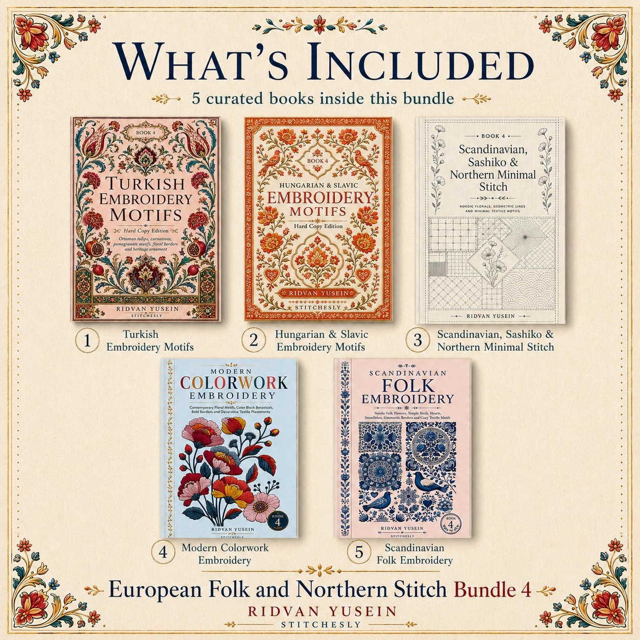 Digital PDF embroidery design bundle cover preview for European Folk & Northern Stitch Bundle 4, featuring curated embroidery patterns, motif library references and textile… - preview 2