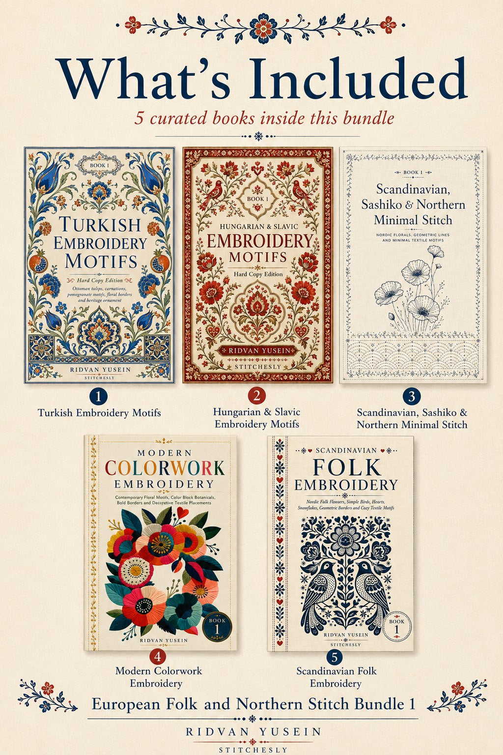 Digital PDF embroidery design bundle cover preview for European Folk & Northern Stitch Bundle 1, featuring curated embroidery patterns, motif library references and textile… - preview 2