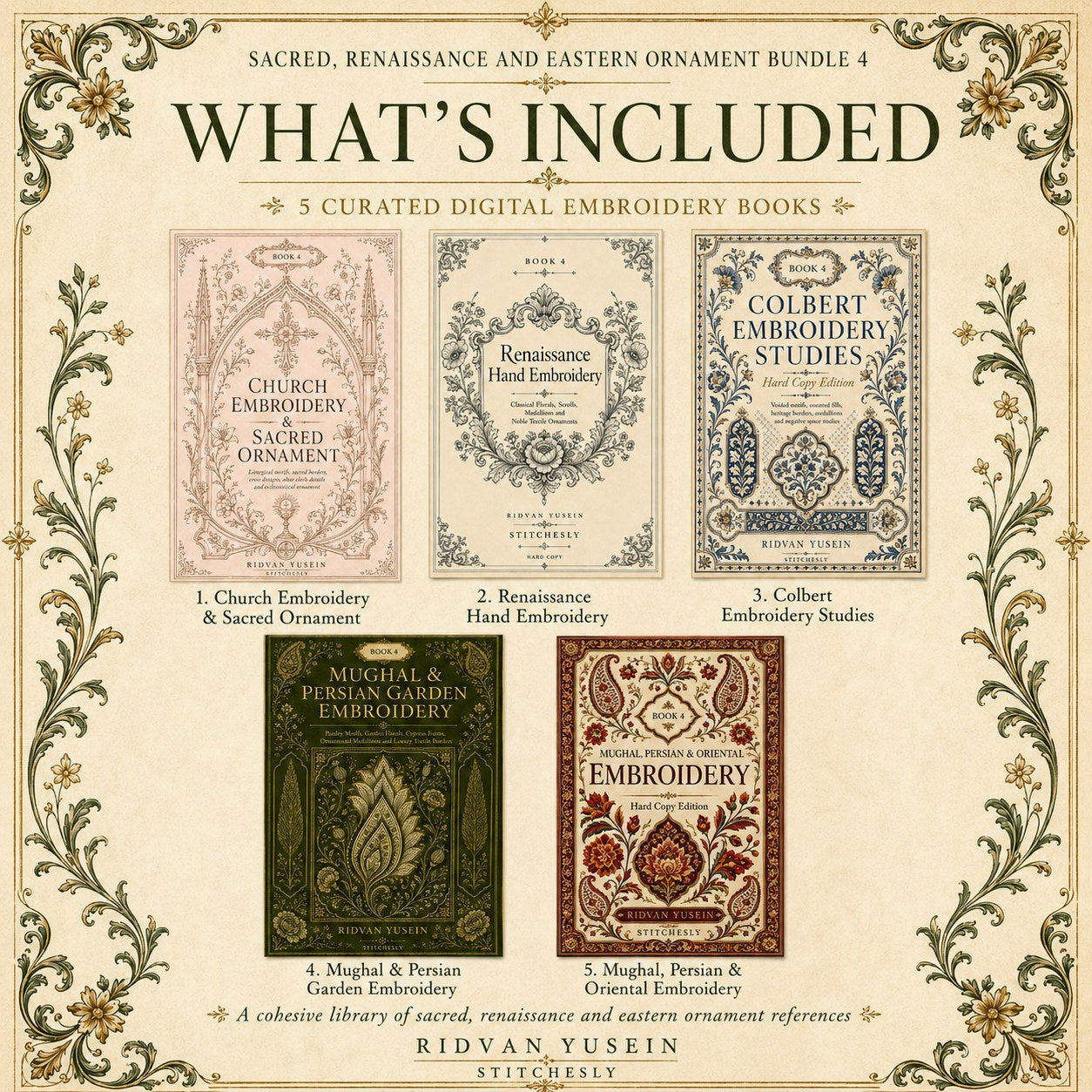 Digital PDF embroidery design bundle cover preview for Sacred, Renaissance & Eastern Ornament Bundle 4, featuring curated embroidery patterns, motif library references and… - preview 2