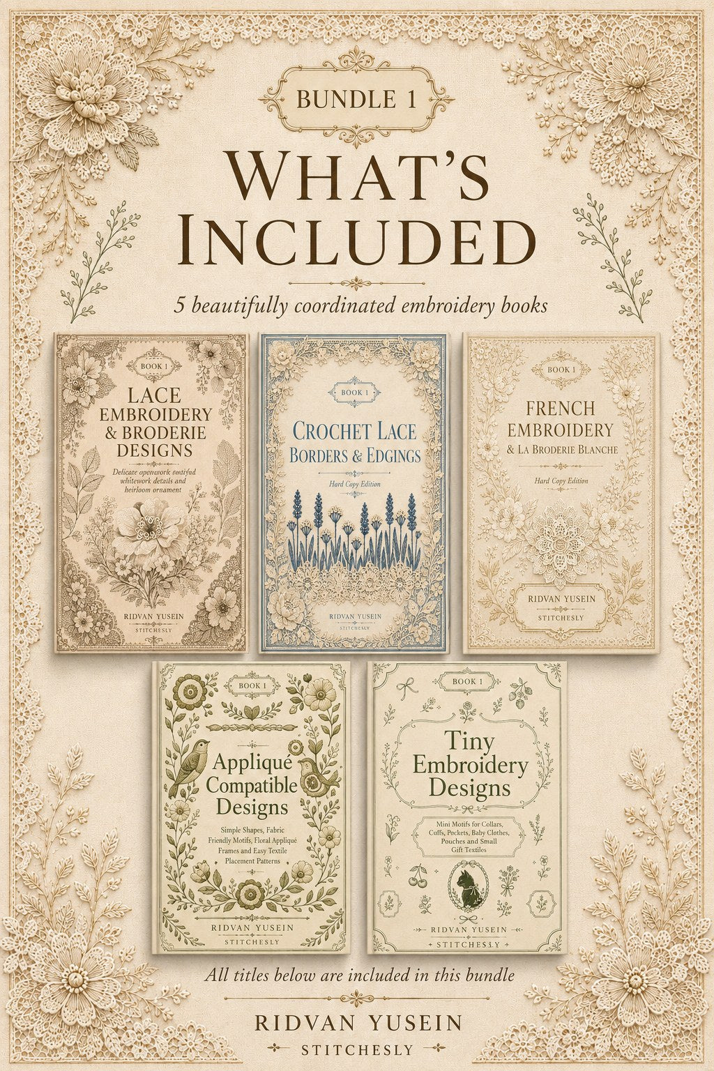 Digital PDF embroidery design bundle cover preview for Lace, Whitework & Delicate Detail Bundle 1, featuring curated embroidery patterns, motif library references and textile… - preview 2