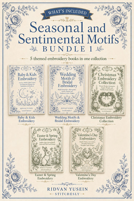 Digital PDF embroidery design bundle cover preview for Seasonal & Sentimental Motifs Bundle 1, featuring curated embroidery patterns, motif library references and textile design… - preview 2