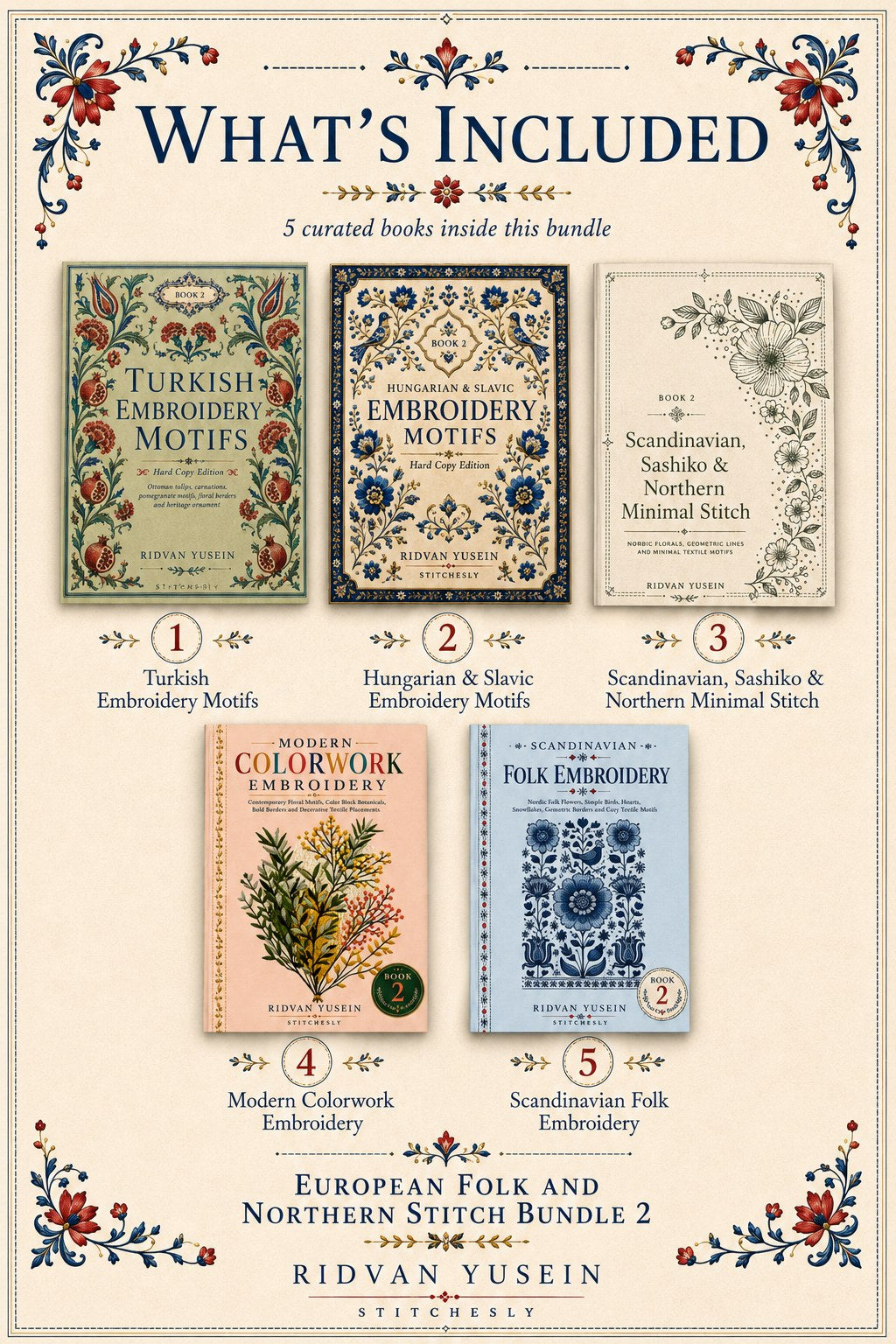 Digital PDF embroidery design bundle cover preview for European Folk & Northern Stitch Bundle 2, featuring curated embroidery patterns, motif library references and textile… - preview 2