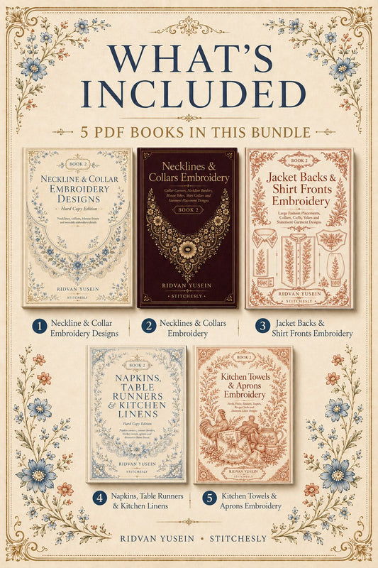 Digital PDF embroidery design bundle cover preview for Garment & Linen Placement Bundle 2, featuring curated embroidery patterns, motif library references and textile design… - preview 2