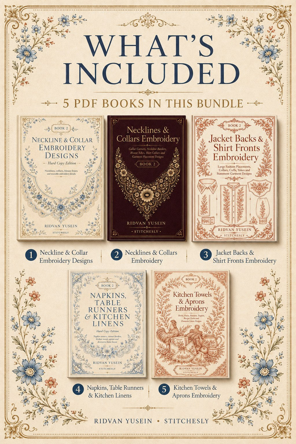 Digital PDF embroidery design bundle cover preview for Garment & Linen Placement Bundle 2, featuring curated embroidery patterns, motif library references and textile design… - preview 2