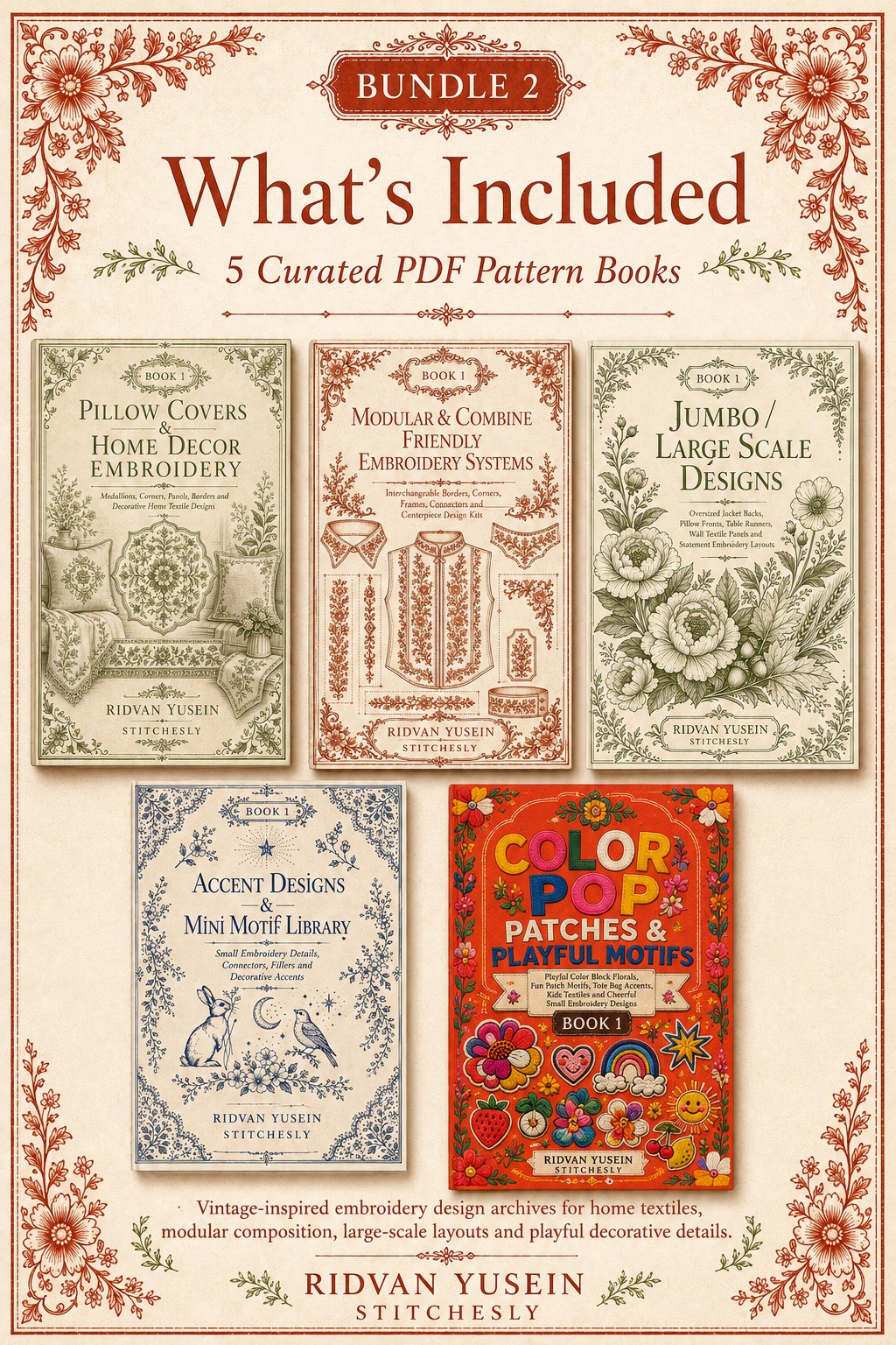 Digital PDF embroidery design bundle cover preview for Home Decor, Scale & Modular Systems Bundle 2, featuring curated embroidery patterns, motif library references and textile… - preview 2