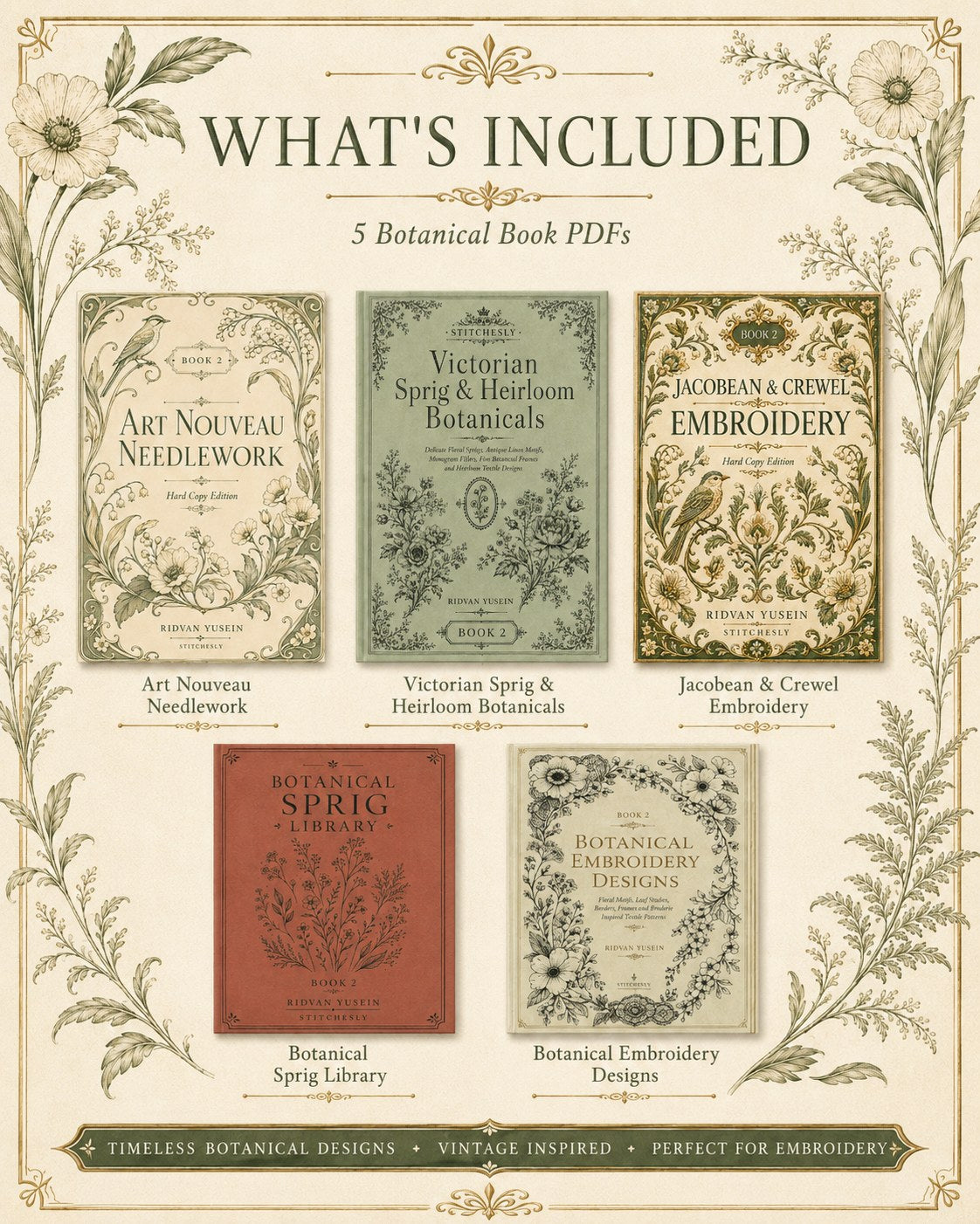 Digital PDF embroidery design bundle cover preview for Botanical Garden Archive Bundle 2, featuring curated embroidery patterns, motif library references and textile design… - preview 2
