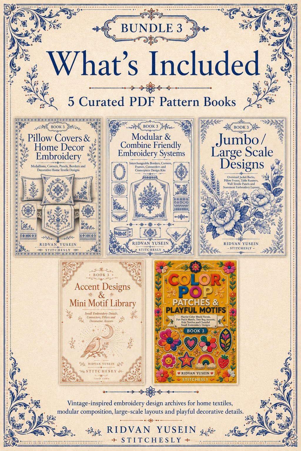 Digital PDF embroidery design bundle cover preview for Home Decor, Scale & Modular Systems Bundle 3, featuring curated embroidery patterns, motif library references and textile… - preview 2