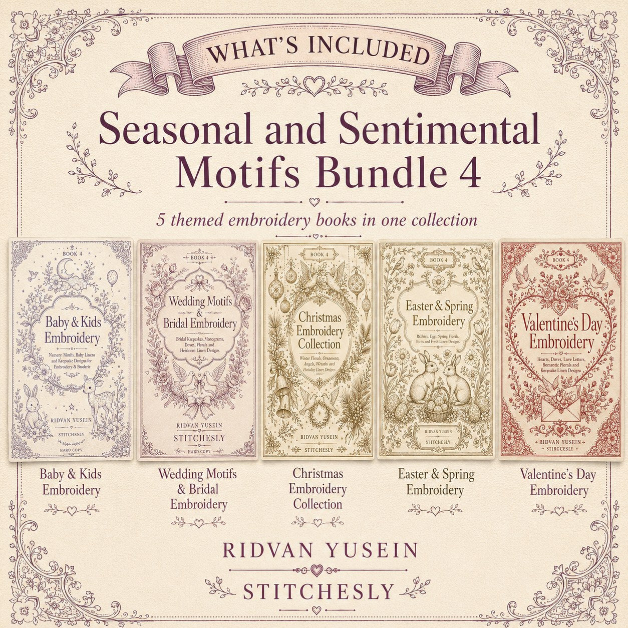 Digital PDF embroidery design bundle cover preview for Seasonal & Sentimental Motifs Bundle 4, featuring curated embroidery patterns, motif library references and textile design… - preview 2
