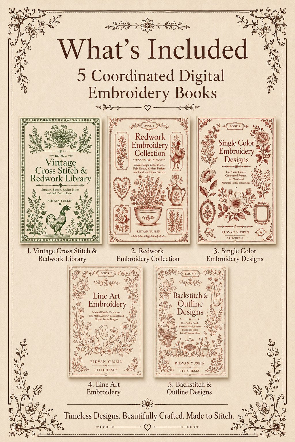 Digital PDF embroidery design bundle cover preview for Monochrome Stitch Language Bundle 2, featuring curated embroidery patterns, motif library references and textile design… - preview 2