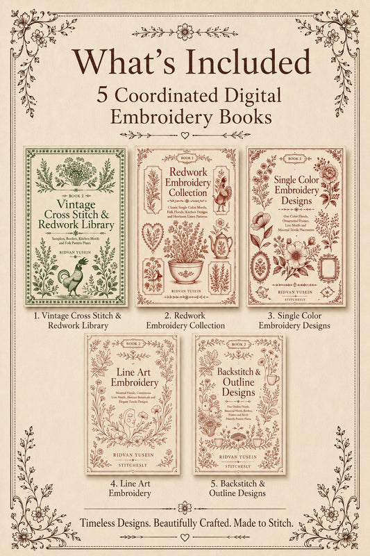 Digital PDF embroidery design bundle cover preview for Monochrome Stitch Language Bundle 2, featuring curated embroidery patterns, motif library references and textile design… - preview 2