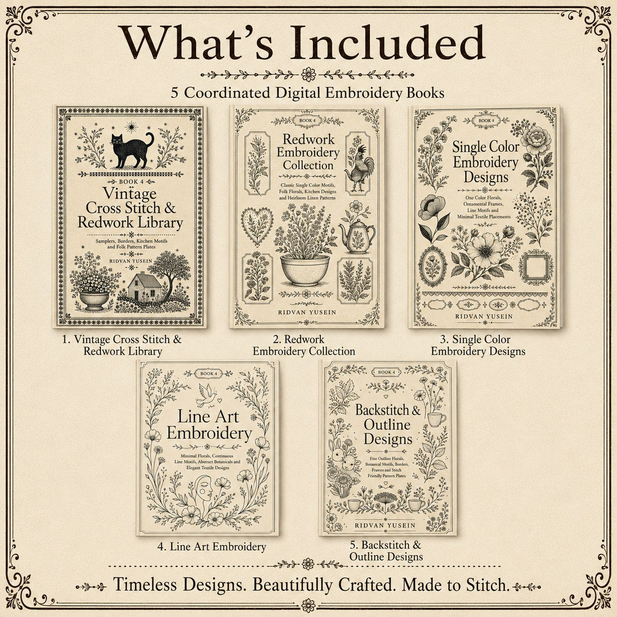 Digital PDF embroidery design bundle cover preview for Monochrome Stitch Language Bundle 4, featuring curated embroidery patterns, motif library references and textile design… - preview 2